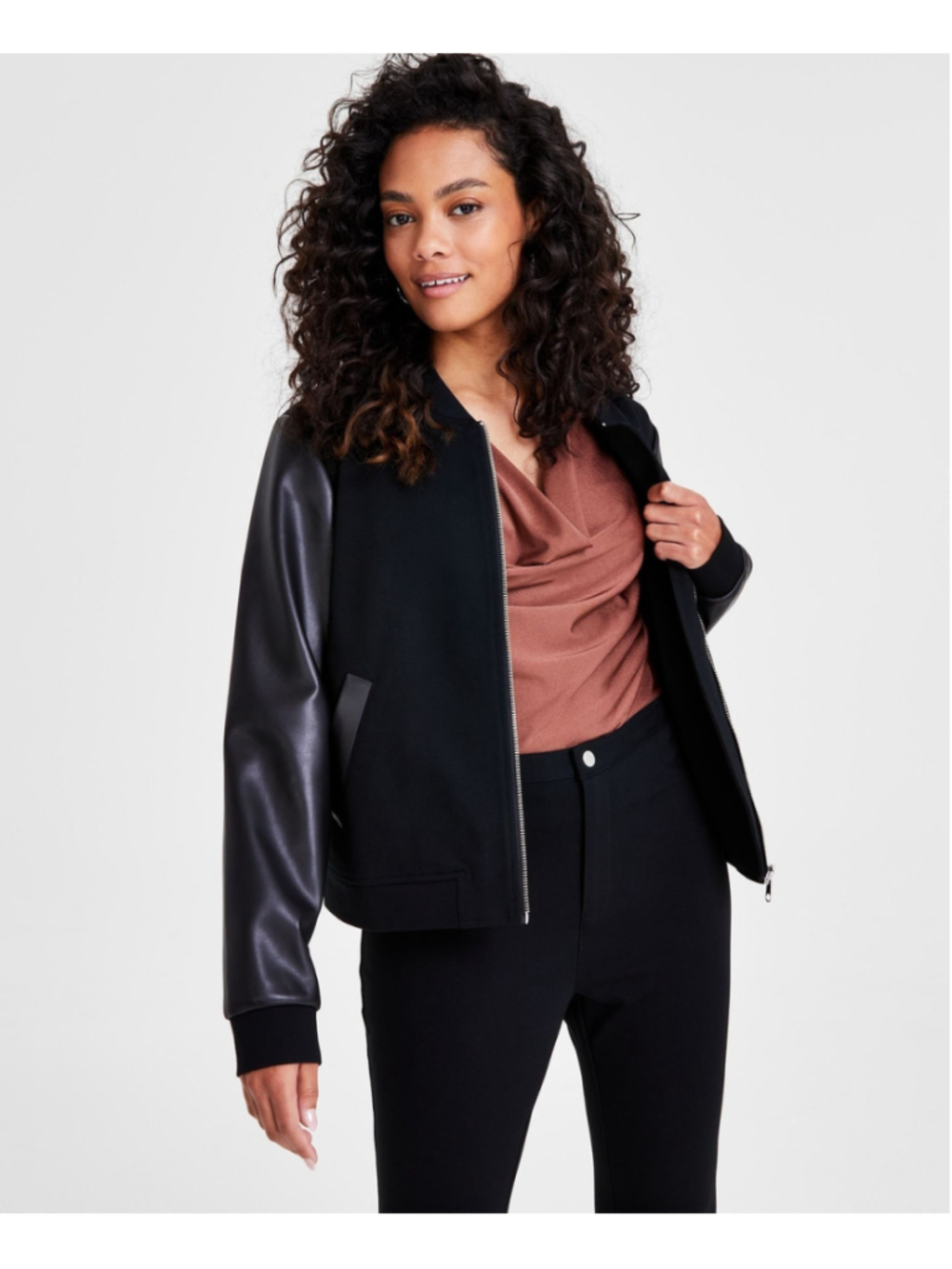 Bar III Women's Petite Petite Faux Leather Sleeve Bomber Jacket NWT